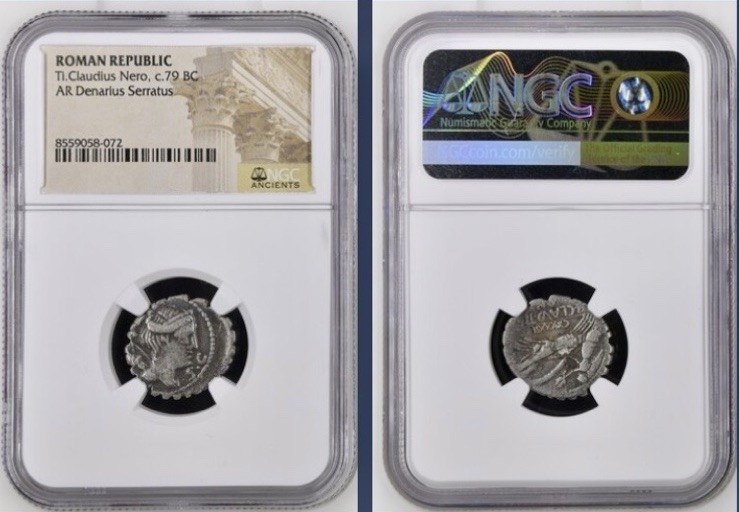 Tiberius Claudius Nero Roman Republic Silver Denarius 79BC NGC Genuine Serratus