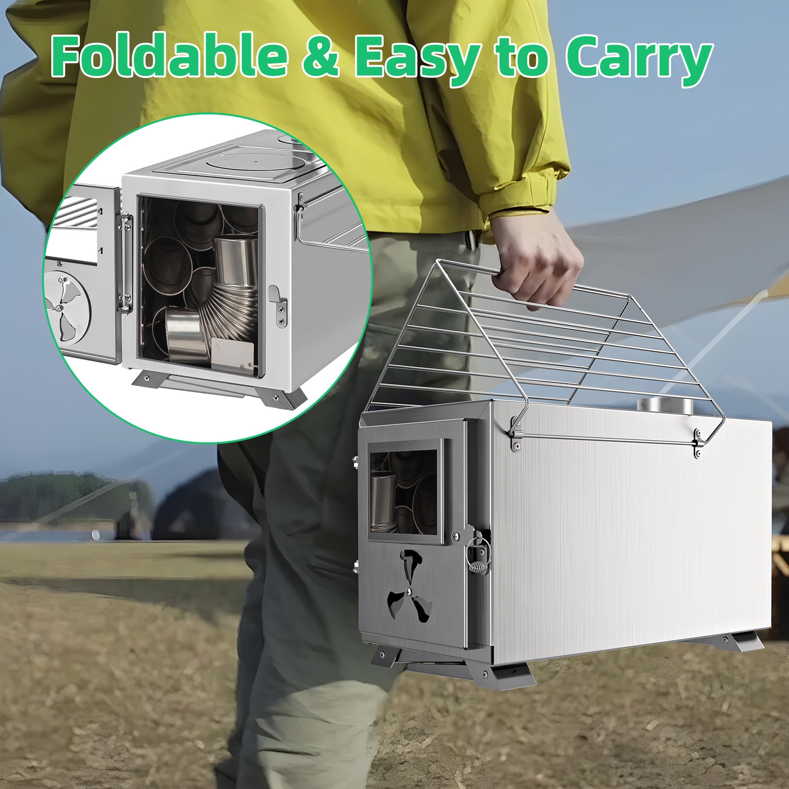 Camping Stove for Tent, Portable Stainless Steel Stove with 7 Chimney Pipes