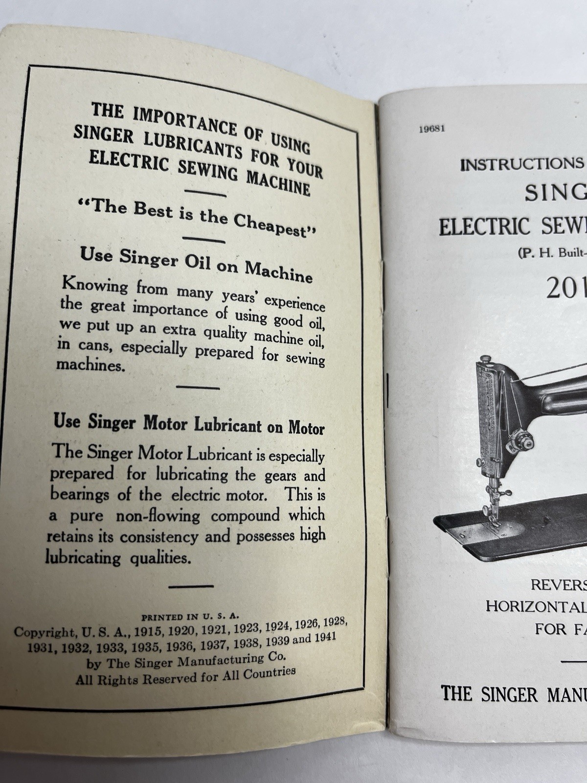 Singer 201-2 Electric Sewing Machine Owner's Manual Instruction Booklet 1941