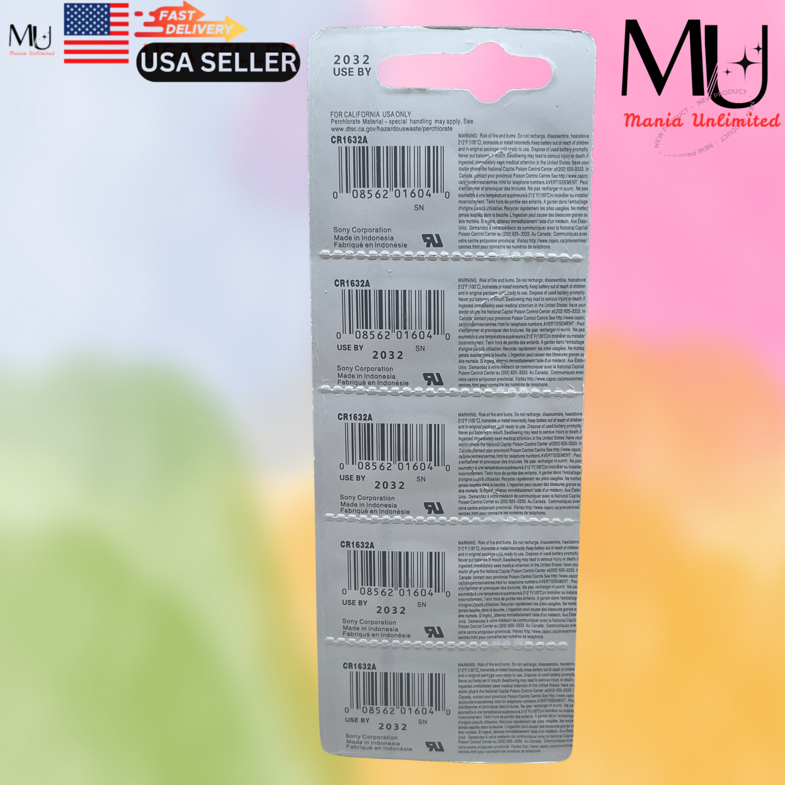 5 PACK SONY CR1632 3V LITHIUM Battery Expire Date 2032 /Watch /Car key Fobs