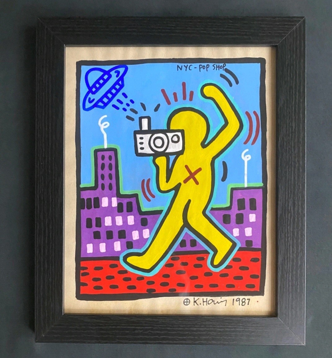 Keith Haring Drawing on Vintage Unique Paper SIGNED NYC