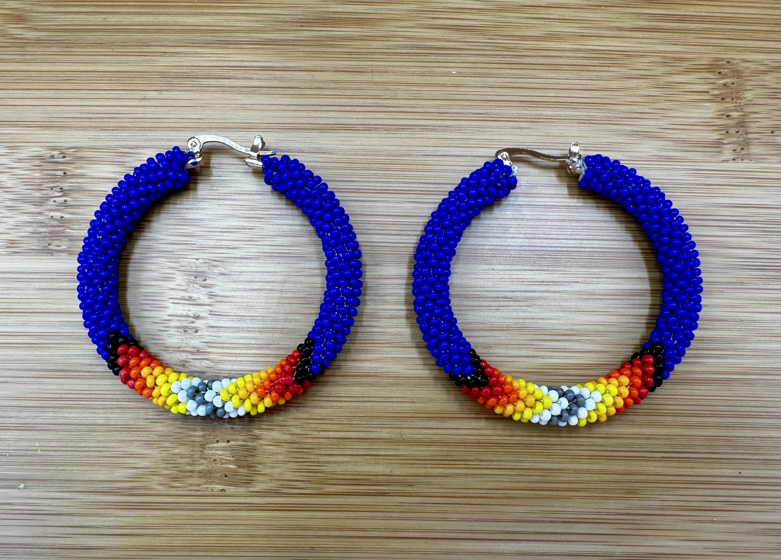 Handmade beaded 2 inch Deep Blue Native style hoop earrings