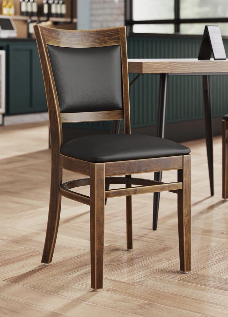 Solid Back Vintage Wood Restaurant Chair with Black Vinyl Seat & Backrest
