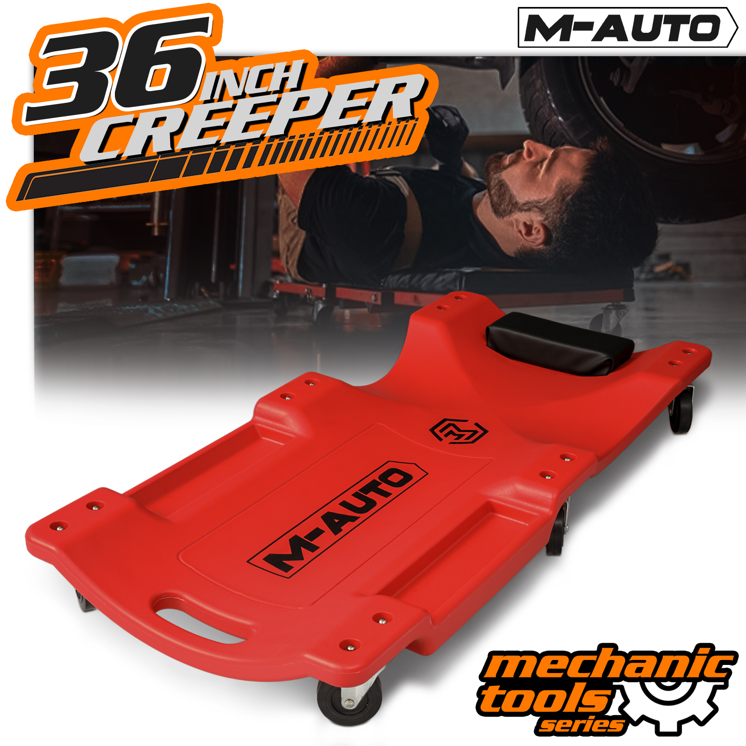 36" Red Rolling Low Profile Creeper Automotive Garage Repair w/Papped Head Rest