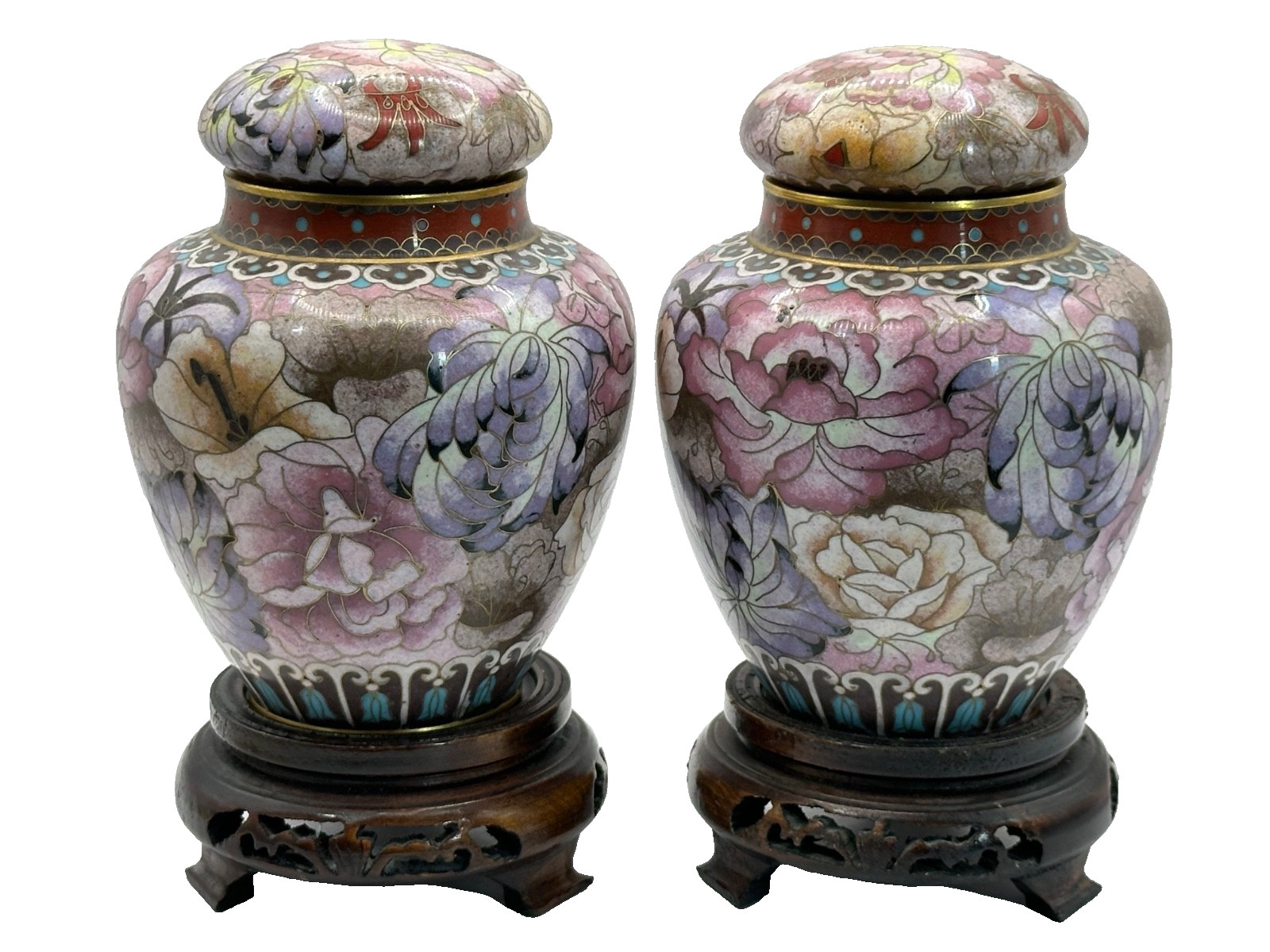 Vintage Pair of Chinese Cloisonné Enamel Ginger Jar Floral Motif 6.75" Wood Base