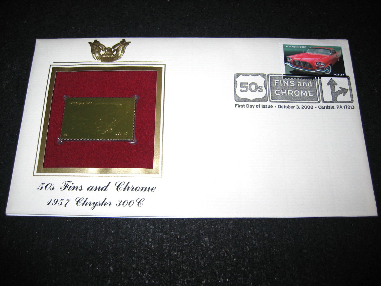 2008 1957 Chrysler 300C 50's Fins Chrome 22kt Gold Golden Cover Stamp Replica