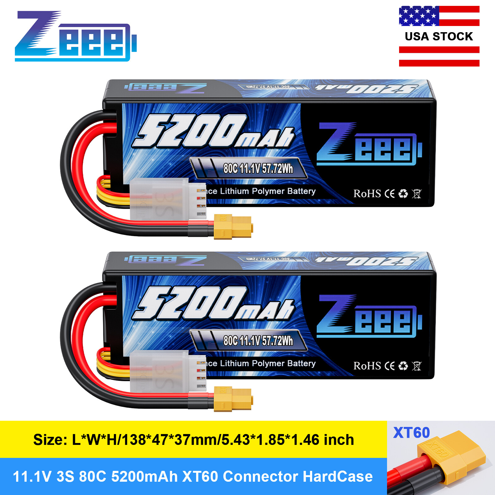 2x Zeee 11.1V 3S LiPo Battery 80C 5200mAh XT60 for RC Car Truck Boat Helicopter