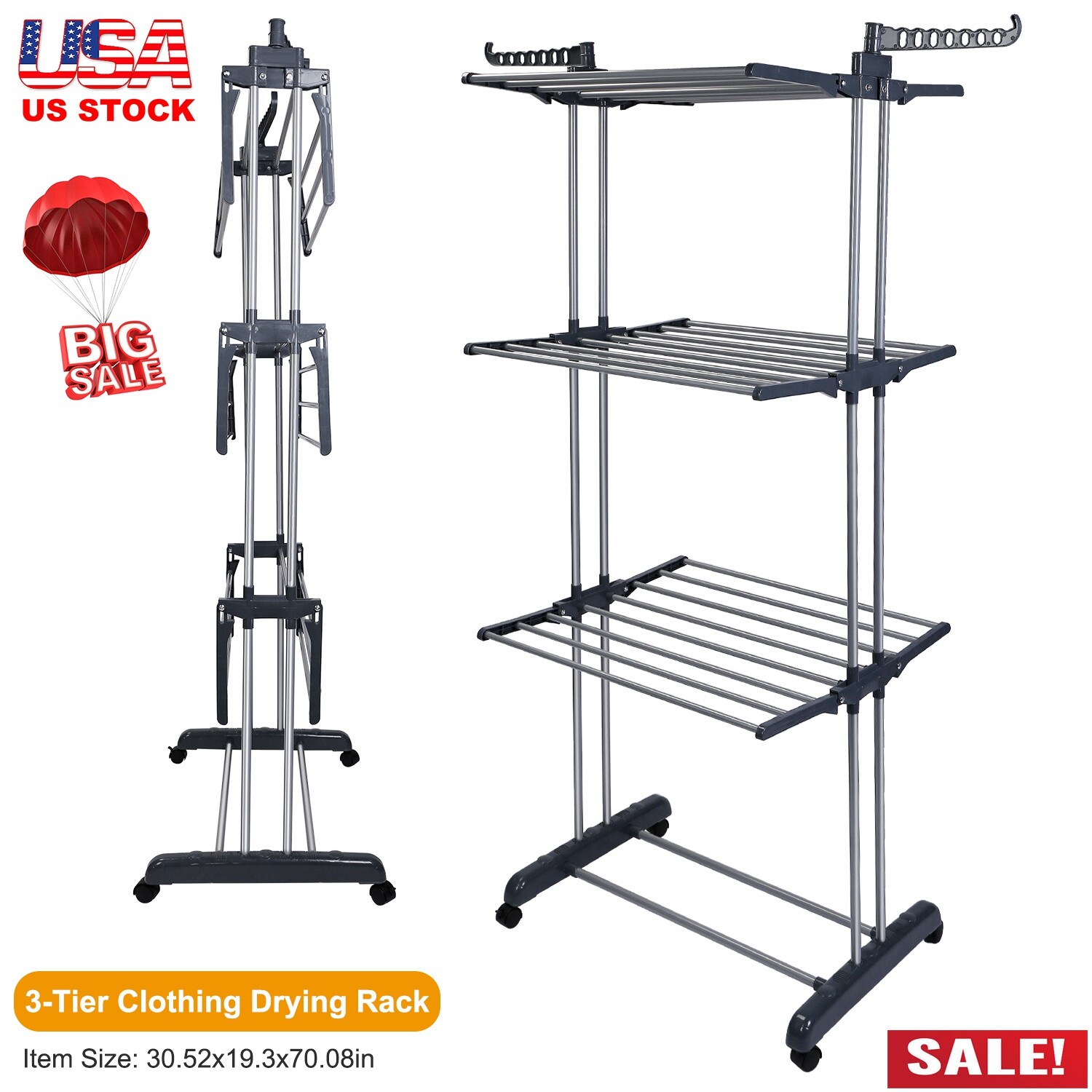 3Tier Clothes Laundry Organizer Folding Drying Rack Clothes Dryer Hanger Stand