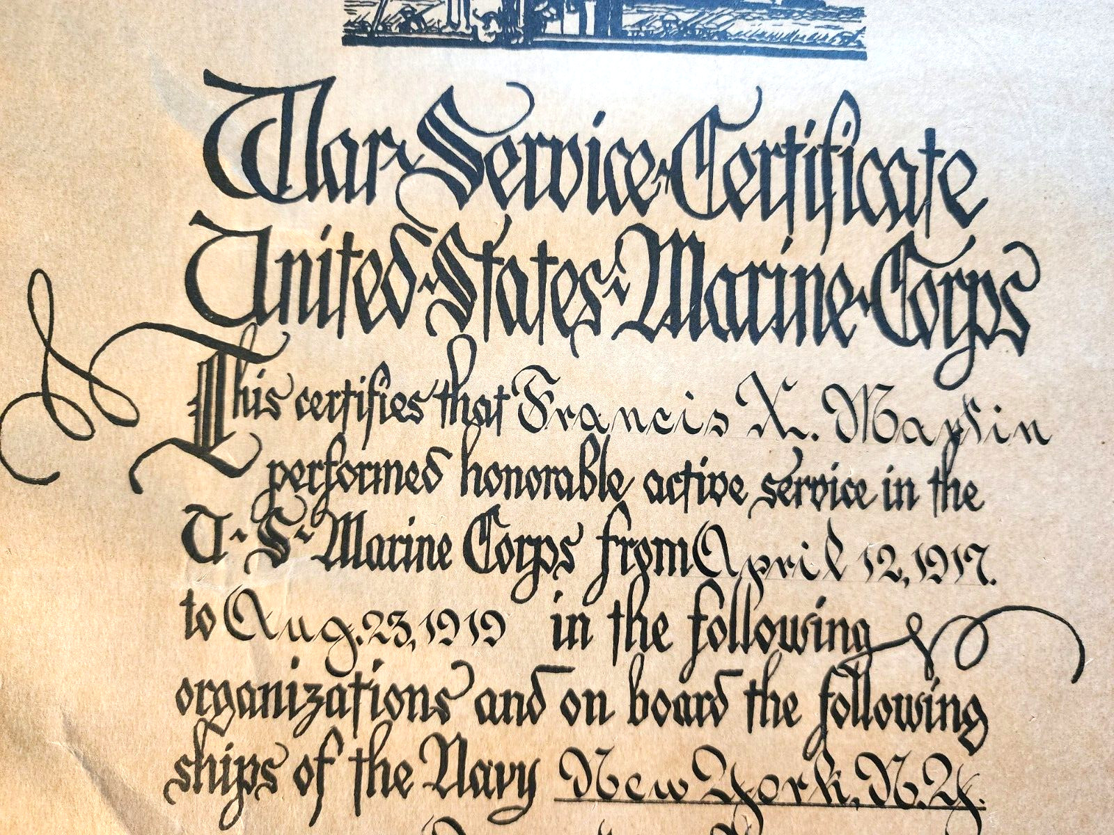 WWI 1917-19 USMC MARINE CORPS SERVICE CERTIFICATE AEF FRANCE JONH LEJEUNE SIGNED