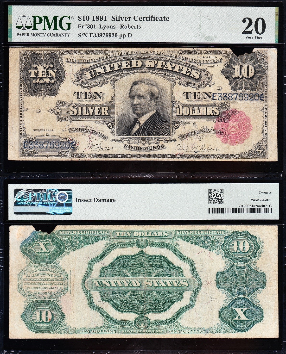*RARE* VF graded 1891 $10 "TOMBSTONE" Silver Certificate! PMG 20! FREE SHIP! 920