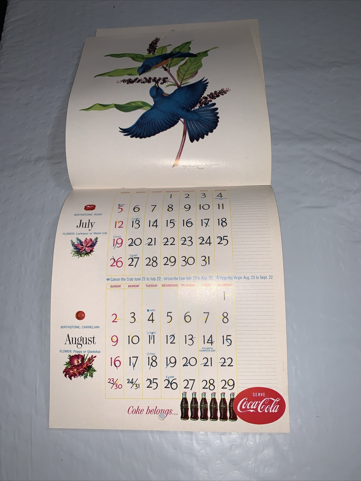 Original 1959 Coca Cola Calendar of American Birds 7 x 12” by ATHOS MENABONIL