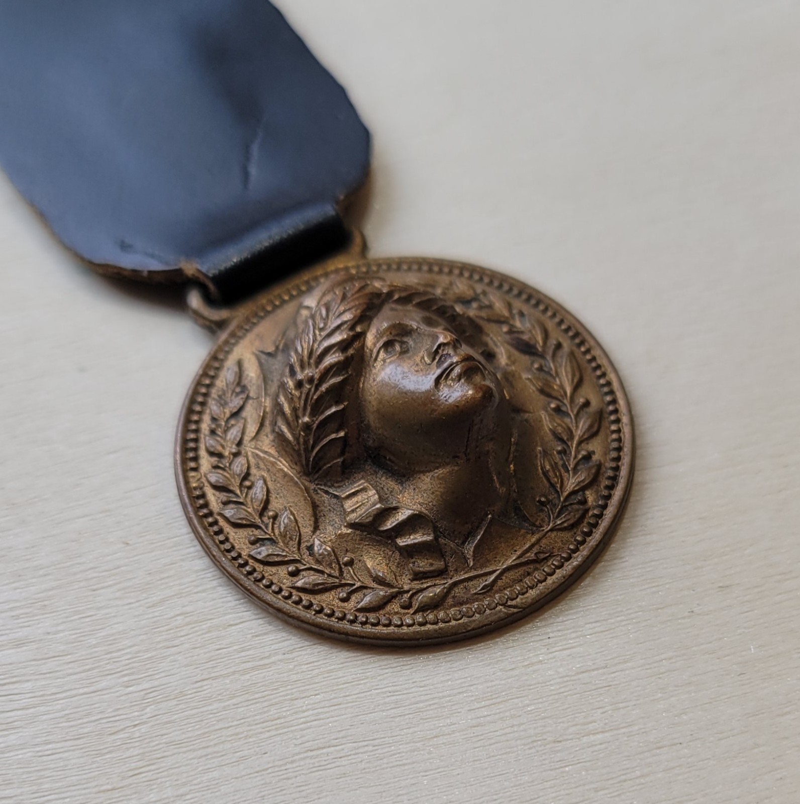 Antique Lady Liberty Woman Head Relief Pop Out Bronze Medal Fob Leather Strap