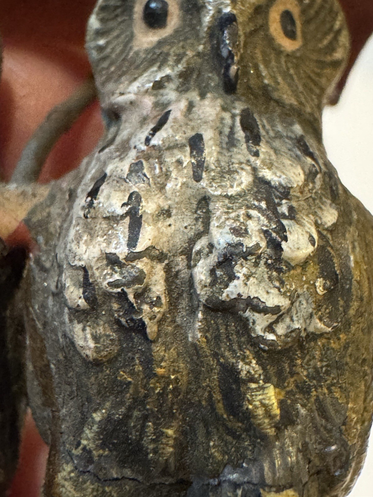 Antique Austrian Bronze Pair of Owls with Red Umbrella- Hand Painted 2in