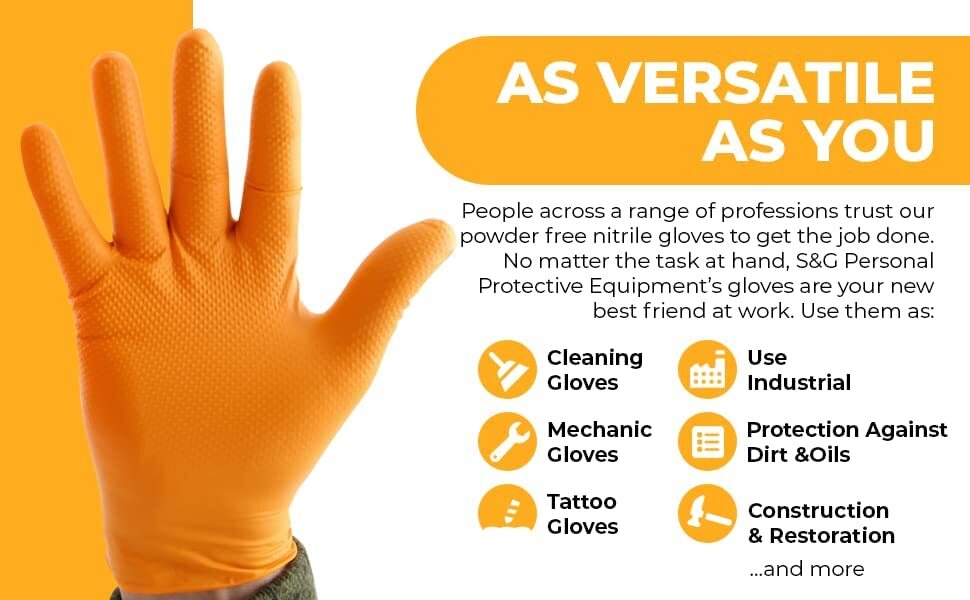 S&G Heavy Duty Orange Nitrile Disposal Gloves Powder Latex Free 8 Mil ML XL XXL