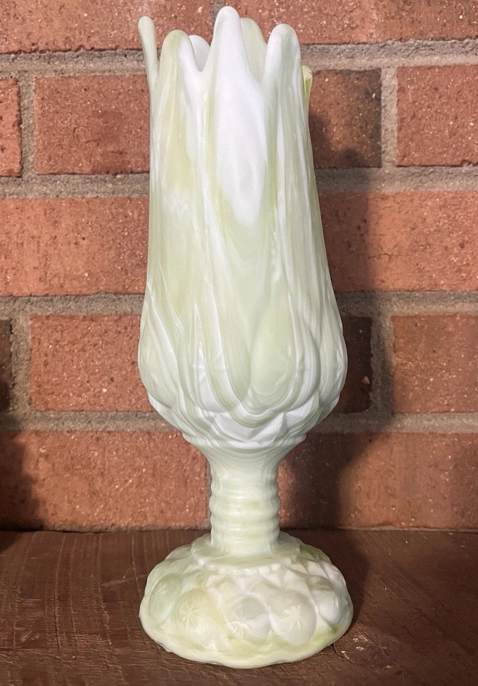 Kanawha Moon And Stars Green Slag Glass Swung Vase End Of Day ~ Rare