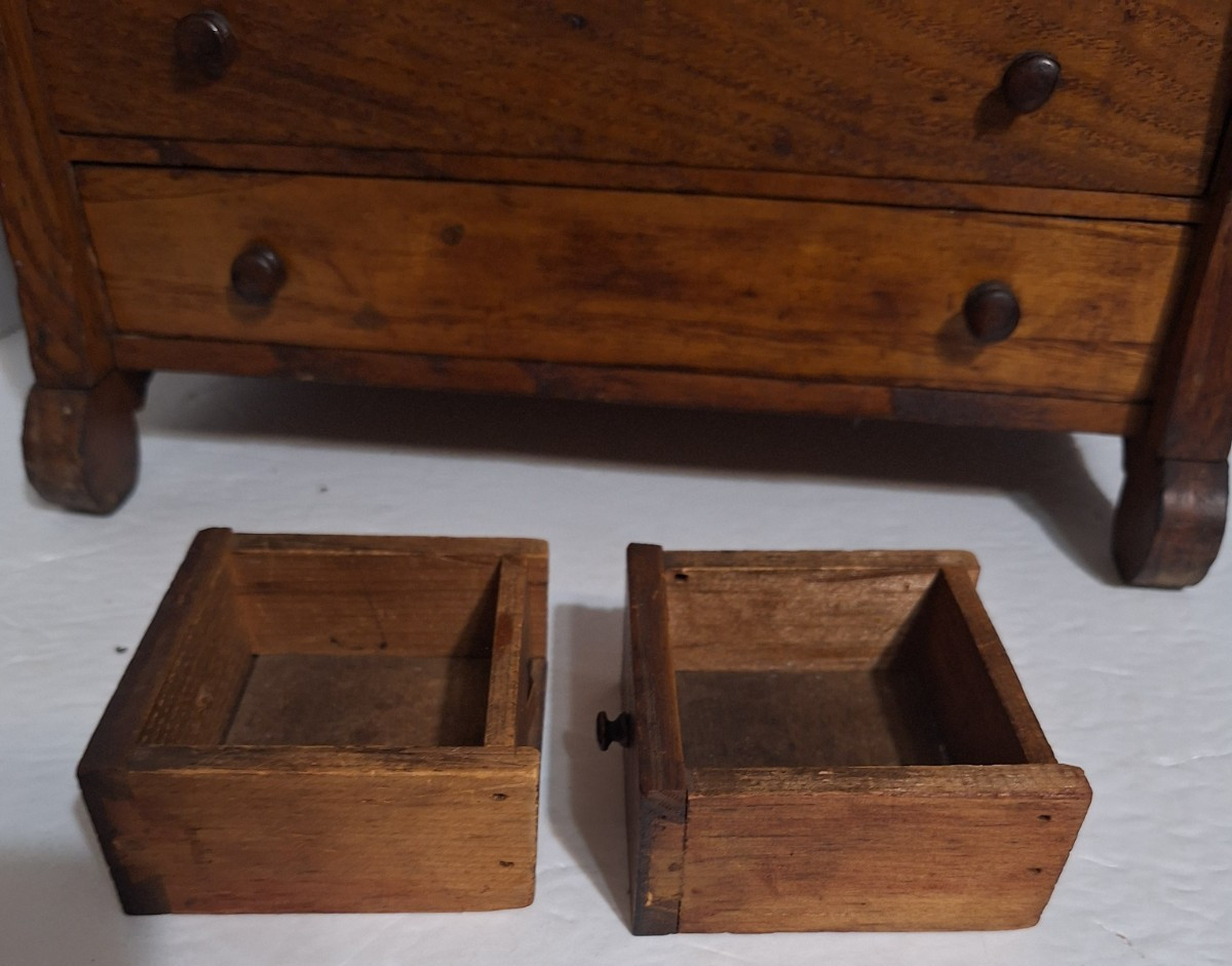 Antique Chest Bureau Salesman Sample 4 Drawers 2 Glove Boxes 13.5x13x6.5 Wooden