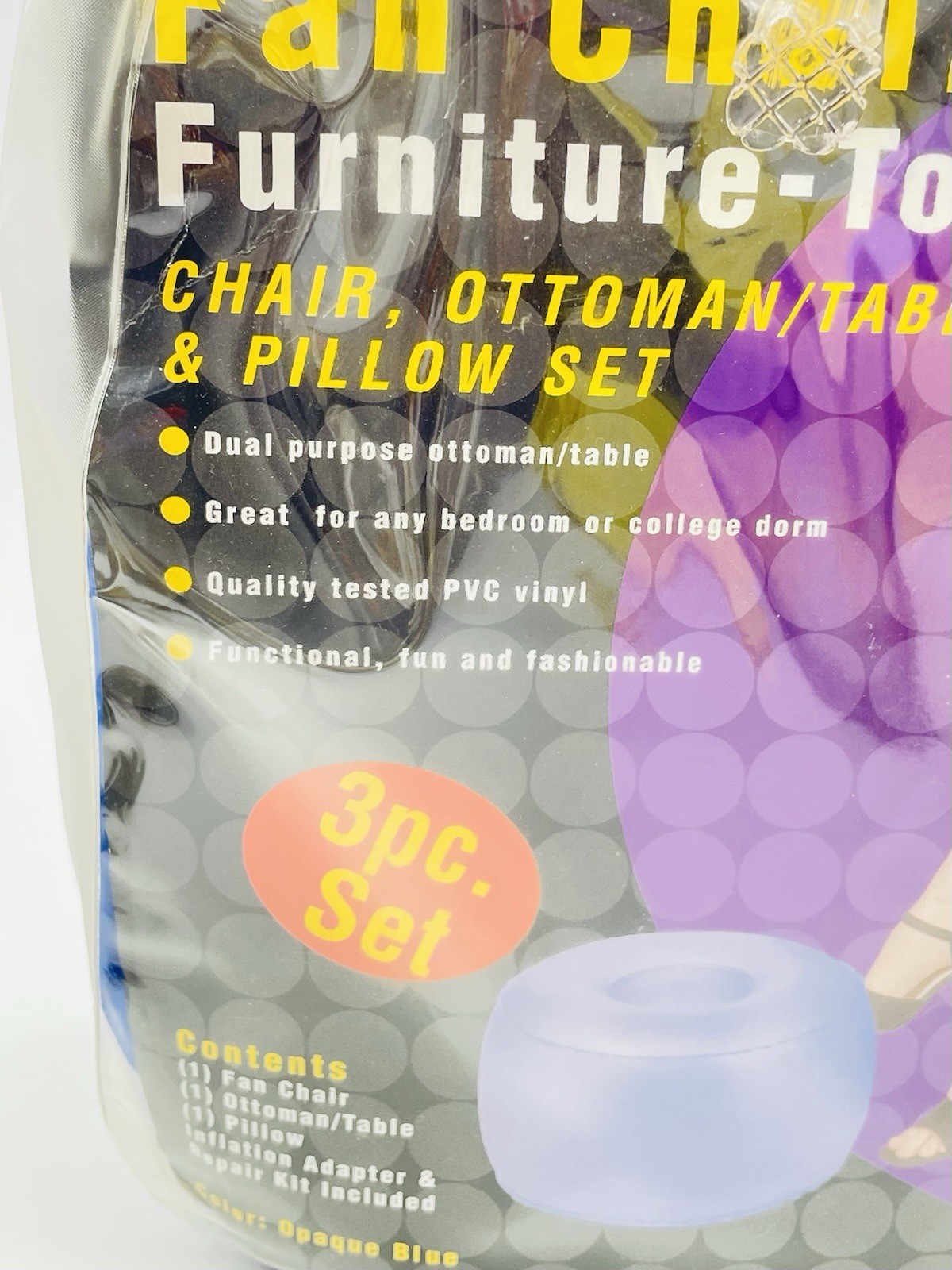 Inflatable 3 Pcs Chair Ottoman Furniture Blue Adult Sz 90s Y2K Retro Dorm RARE