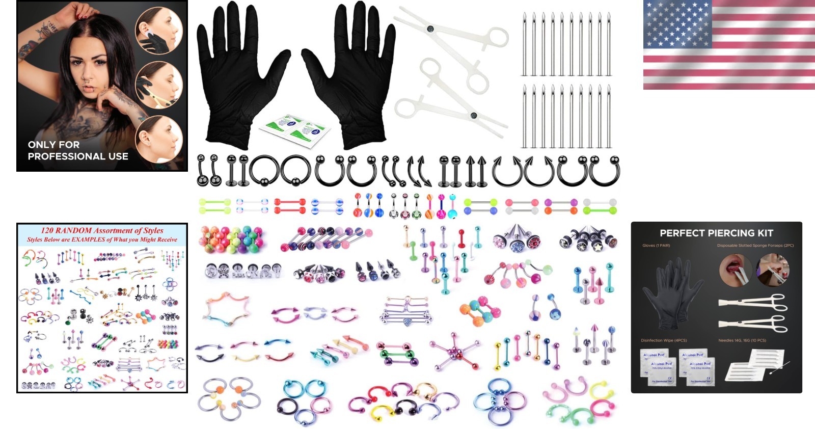 Deluxe 156PC Body Piercing Set - Horseshoe Ring Hoop Barbell