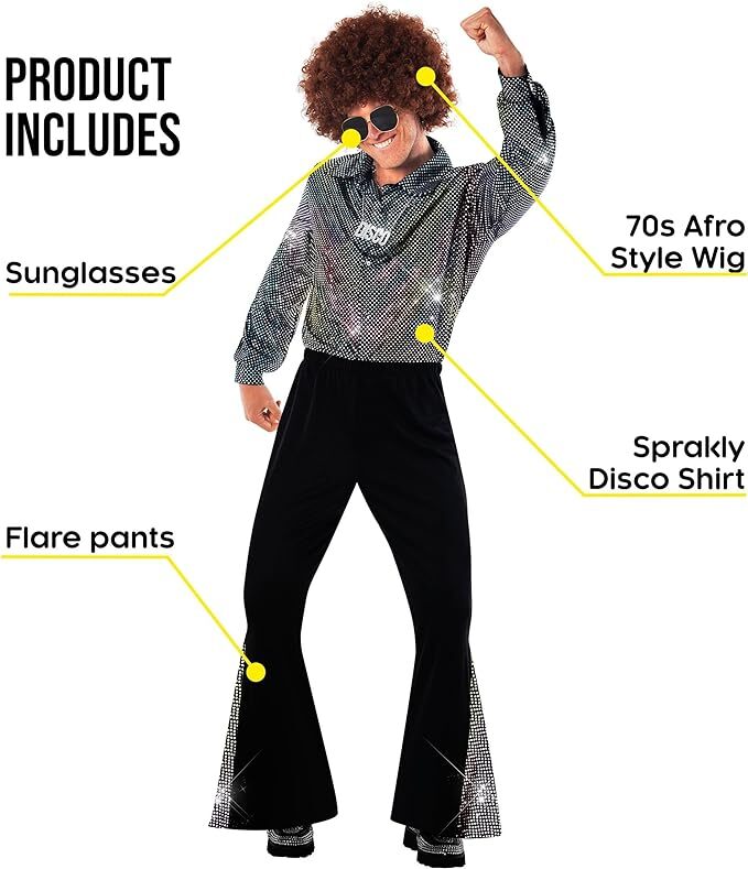 Men`s Disco Dude Costume Wig Sunglasses Adult 1970s Dance Outfit Flares S - 3XL