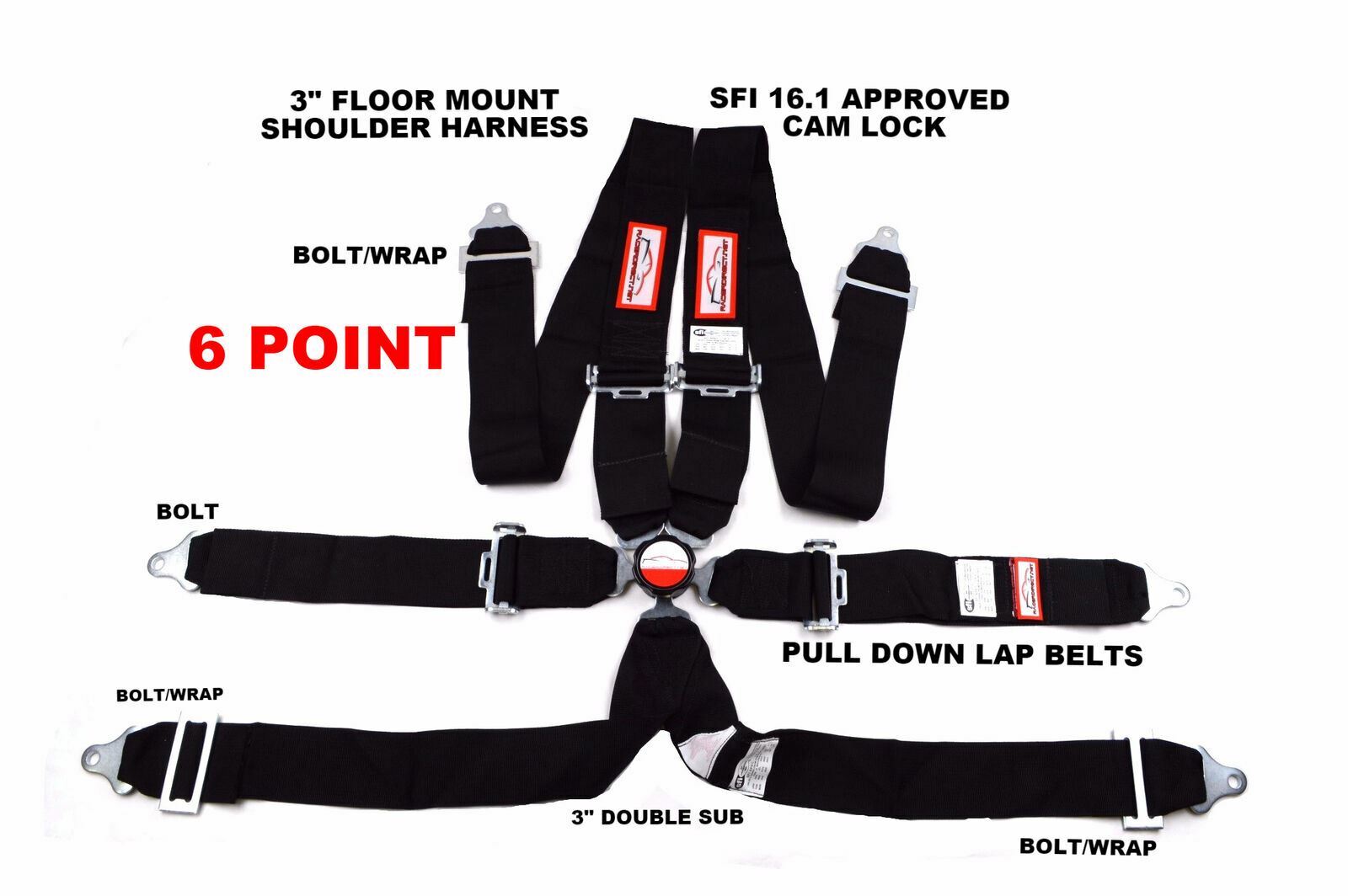 BLACK 6 POINT SAFETY HARNESS SFI 16.1 RACING FLOOR MOUNT 3" CAM LOCK BOLT IN