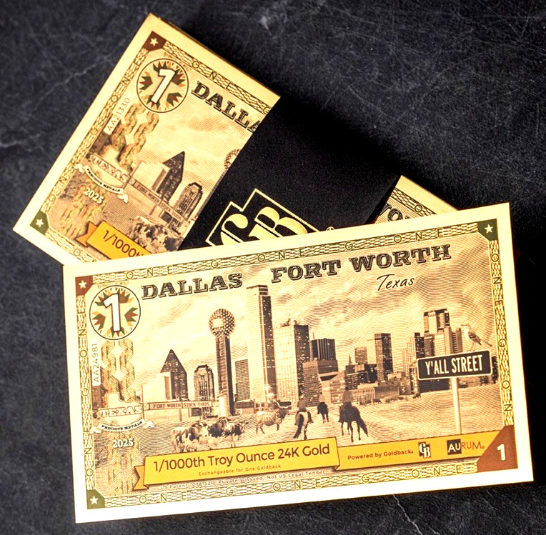 1 DALLAS FORT WORTH TEXAS GOLDBACK AURUM 24K GOLD NOTE 1/1000 OZ .999 GOLD BU