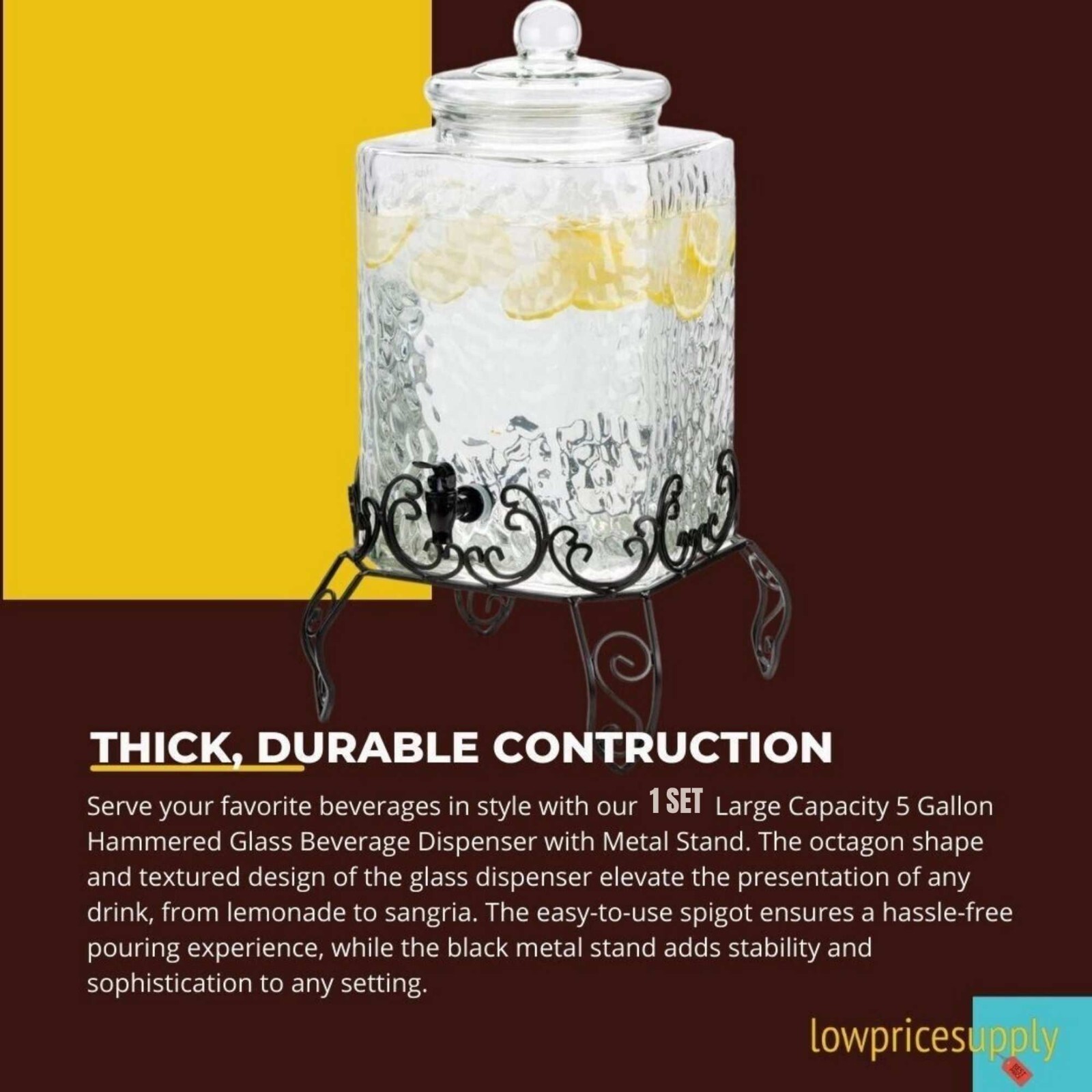 5 Gallon Hammered Glass Beverage Dispenser with Metal Stand - FAST SHIPMENT