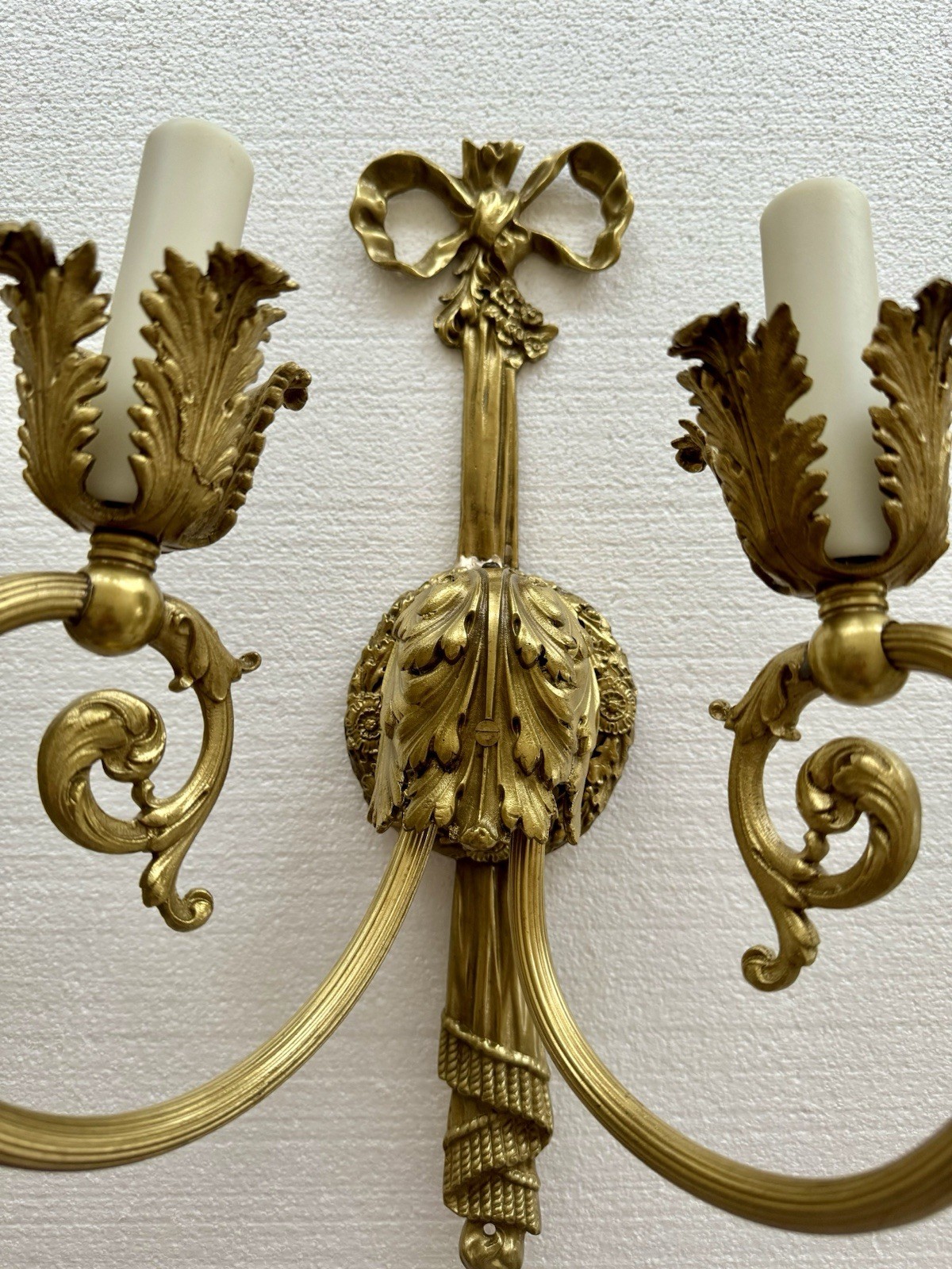 PAIR Antique French Gilt Brass Rope Bow Tassels Wall Sconce 2 Light Candelabras