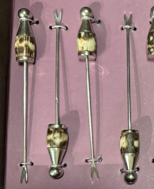 VTG ~ Coco Philips~ Cocktail Picks Silver-Tone Metal w/Bone Handles ~ Set of 12