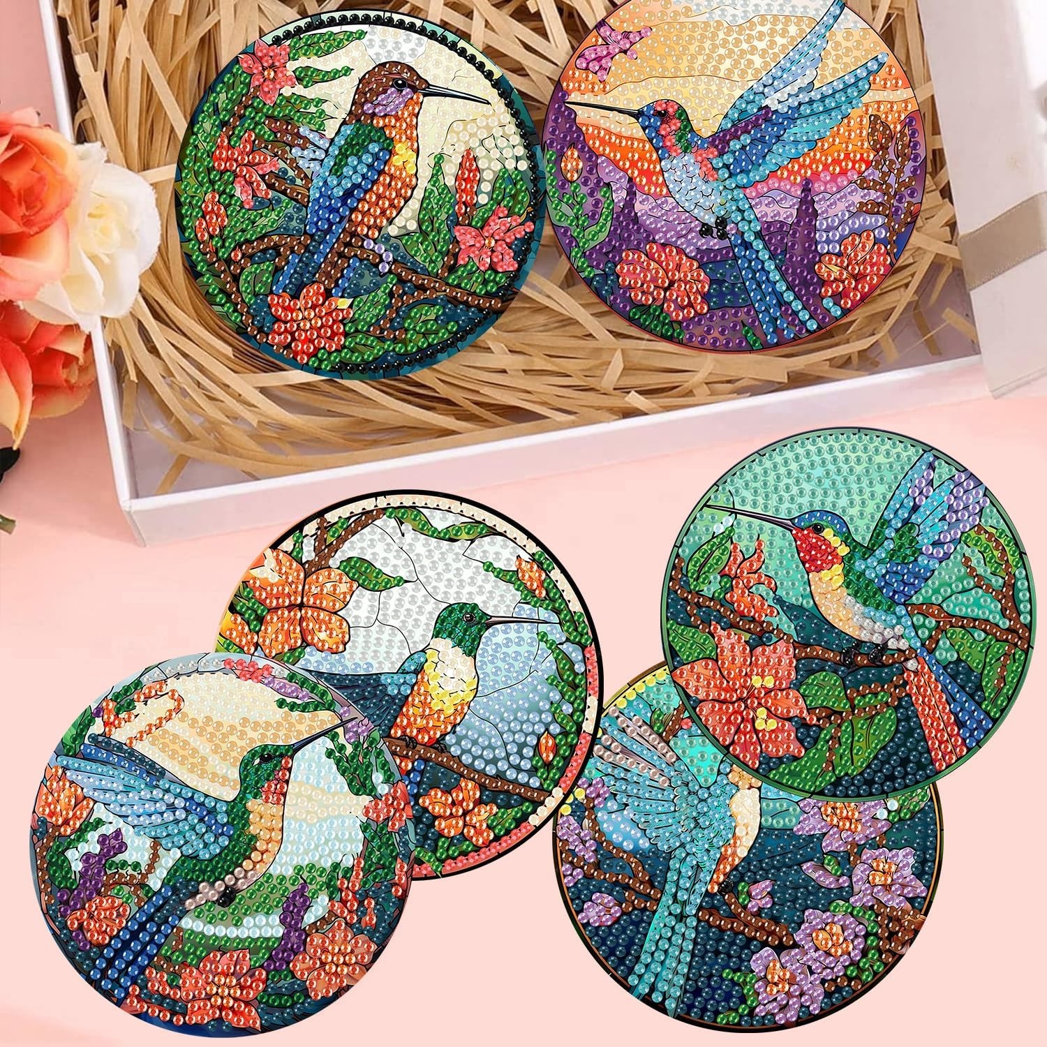 mrpwnle 8 PCS Diamond Painting Art Coaster Set with Hummingbird Coasters