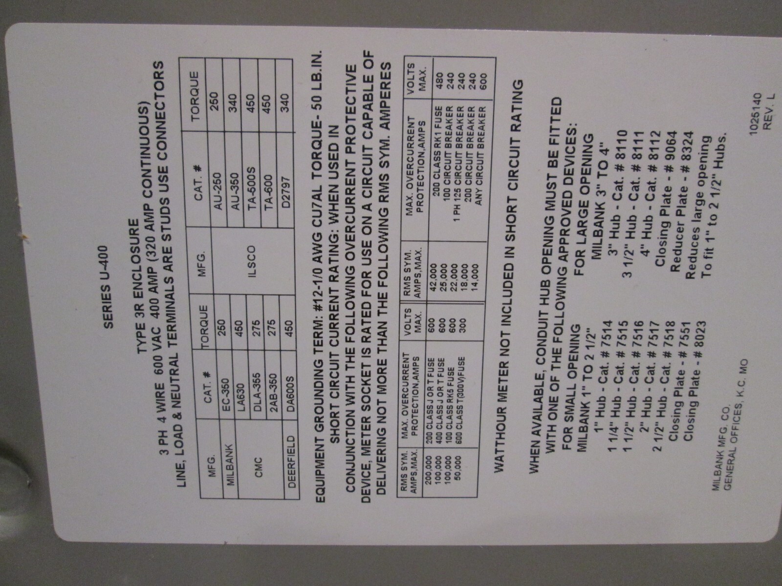 MILBANK - meter socket - 320 amp - 3 Phase - 7T BYPS U4342-R-K7-K6-BLG-AEPU
