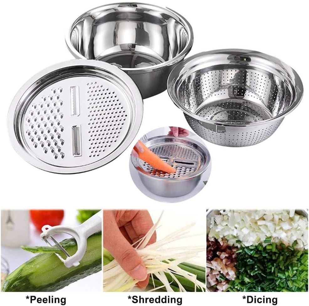 Multi-Function Stainless Steel Colander Set with Grater & Drain Basket, 3 PCs