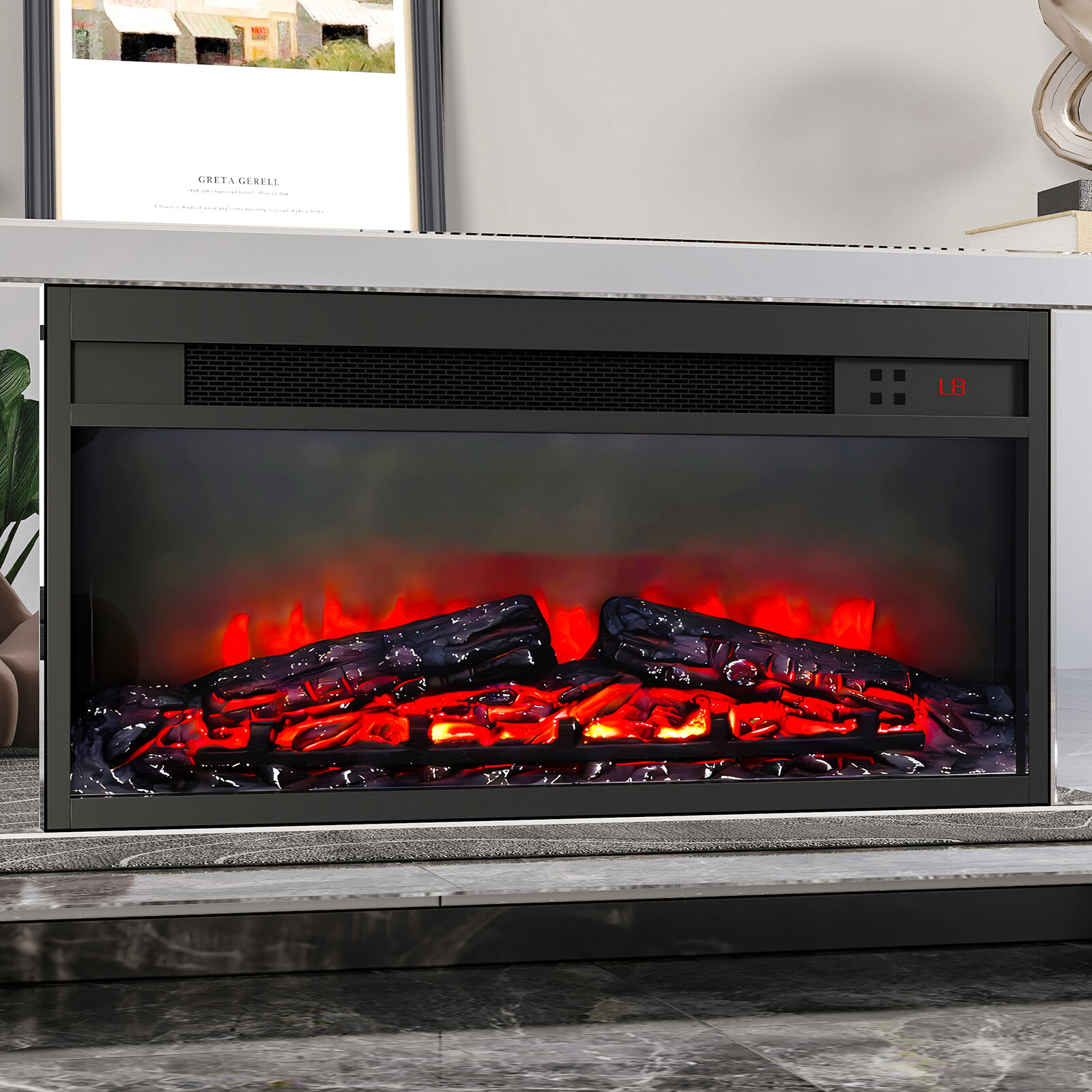 COSVALVE 59"Mirrored Fireplace TV Stand Entertainment Center Crush Diamond 2Door