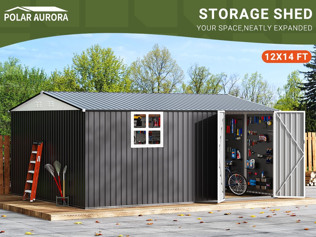 12x14 FT Outdoor Metal Storage Shed with Window,Lockable Metal Garden Tool Shed