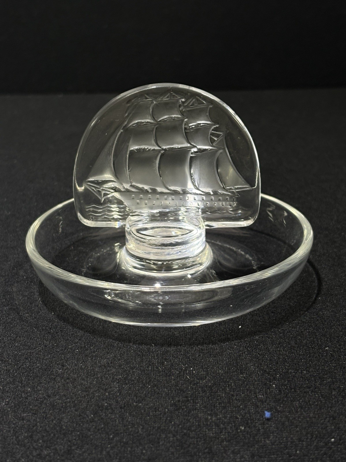Vintage Lalique France Crystal Ship Etched Trinket Ring Dish Holder Pin Tray