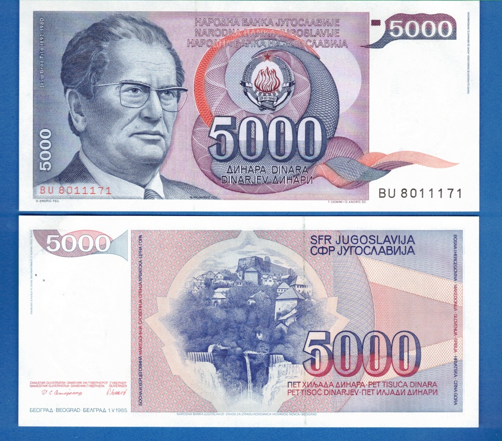 Yugoslavia P-93 5000 Dinara 1985 Tito Uncirculated Banknote