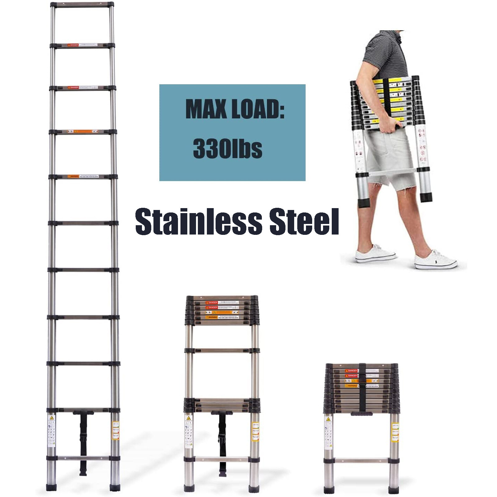 8-16FT Steel Telescoping Ladder Extension Ladders Retraction Collapsible Folding