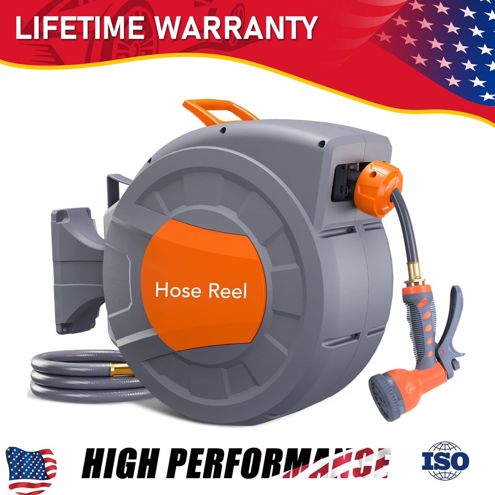 1/2 in X 100 Ft Retractable Garden Hose Reel , Wall Mounted, 9-Function Sprayer