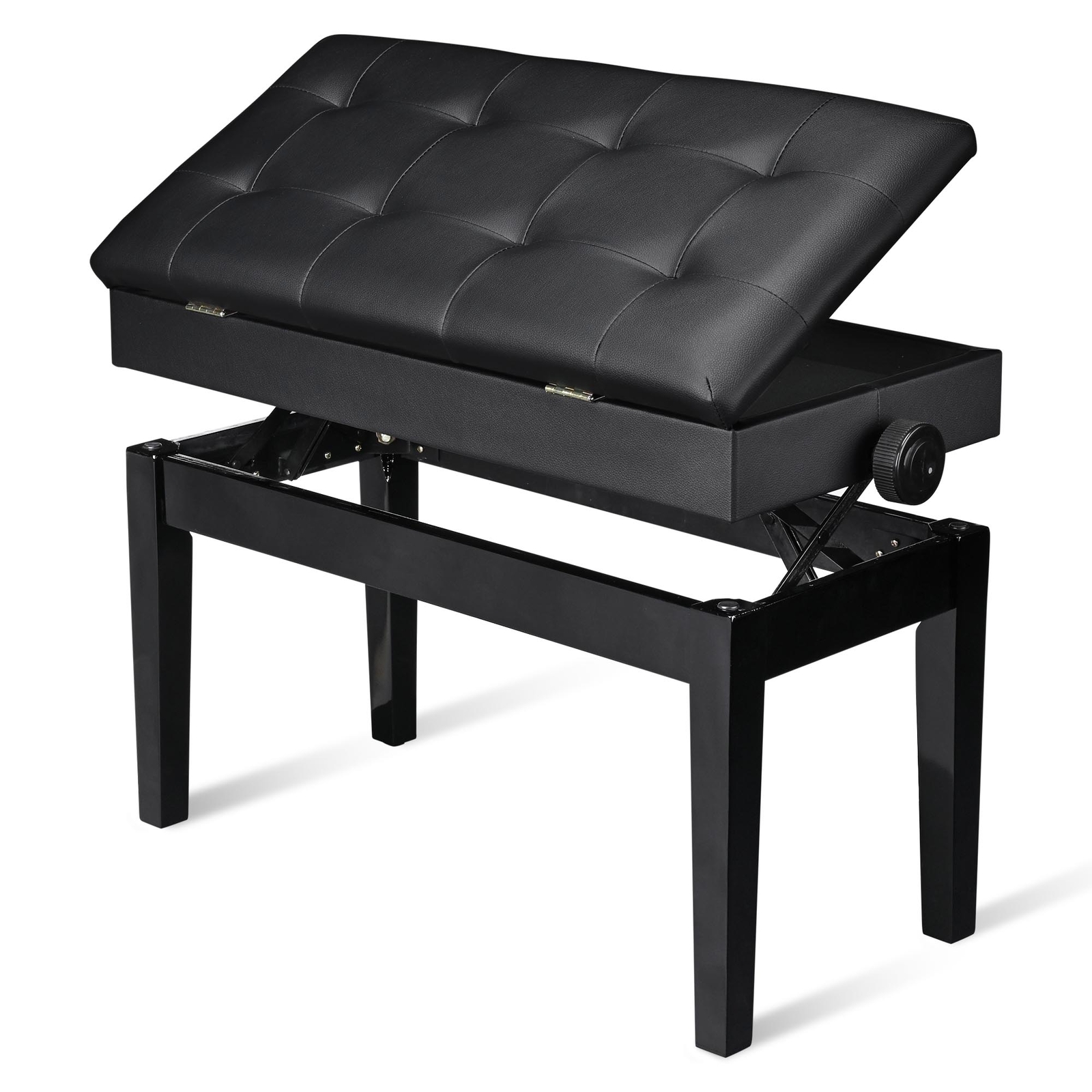 Adjustable Duet Piano Bench PU Leather Padded Wooden Keyboard Stool w/ Storage