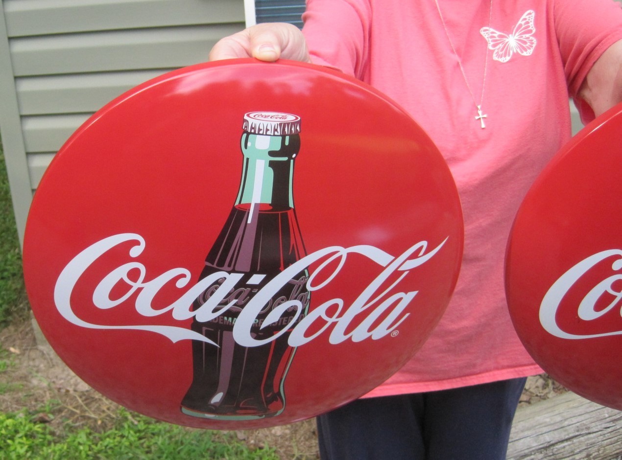 (2) 16" Coca Cola Metal Dome Button Advertising Coke Signs 1950's Diner Style