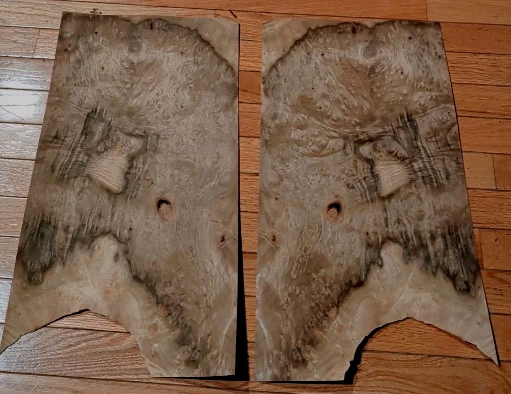 Myrtlewood burl veneer 2 pieces 18 1/4" x 11 5/8" each wood 1/42" raw