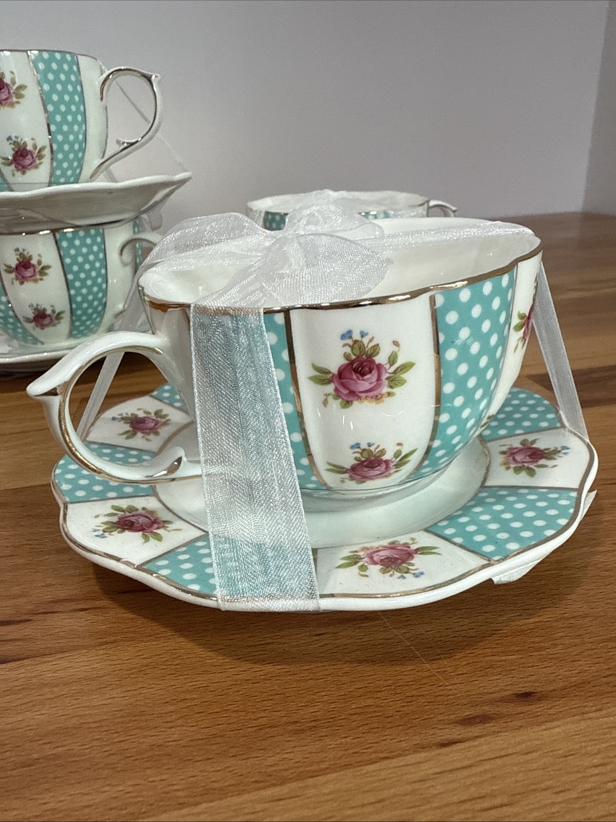 Elegance Porcelain Teal & White Teacup and Saucer With Gold & Flowers Set Of 4