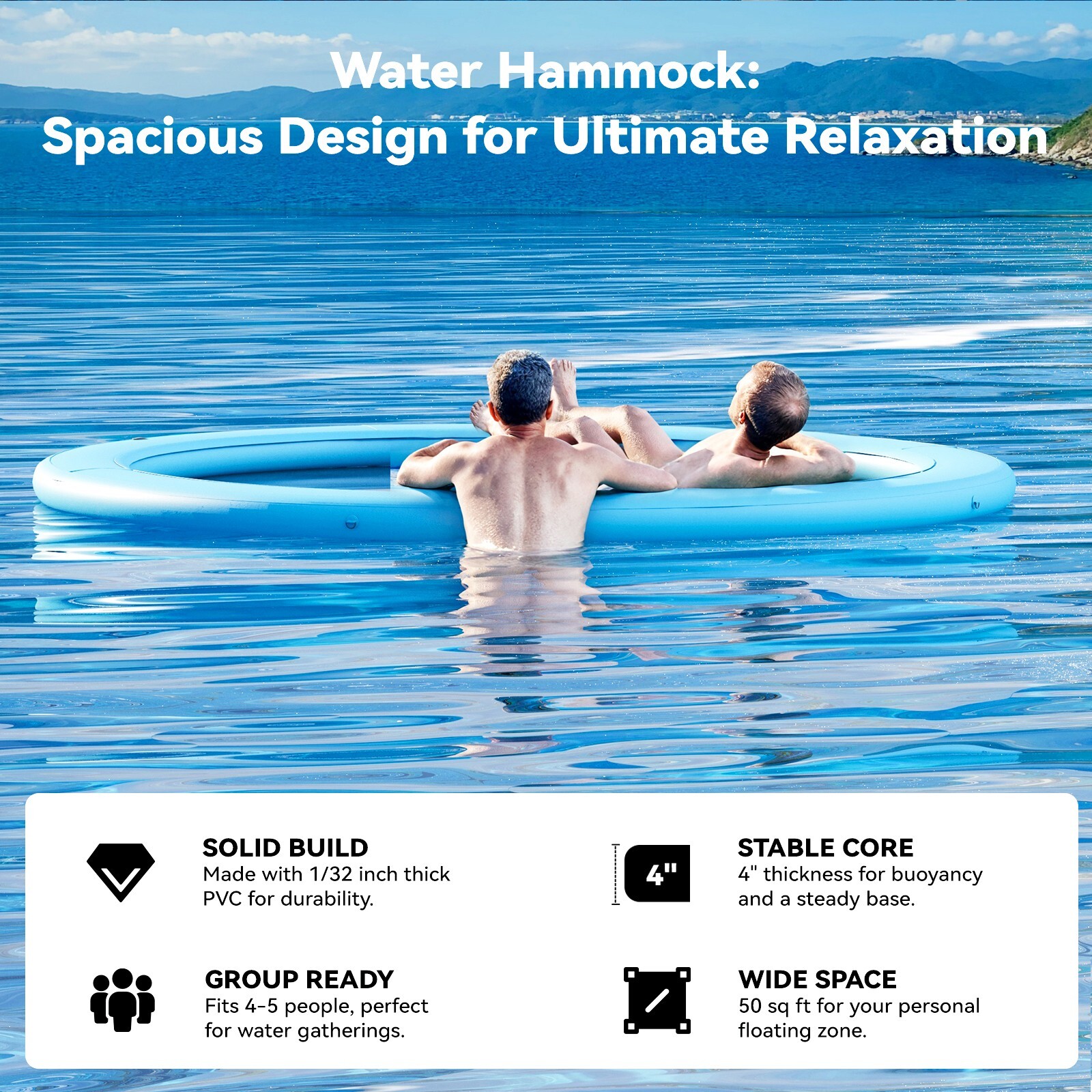 8FT Sunchill Heavy-Duty Float Ring, Inflatable Pool, Hammock for Lake Sky Blue