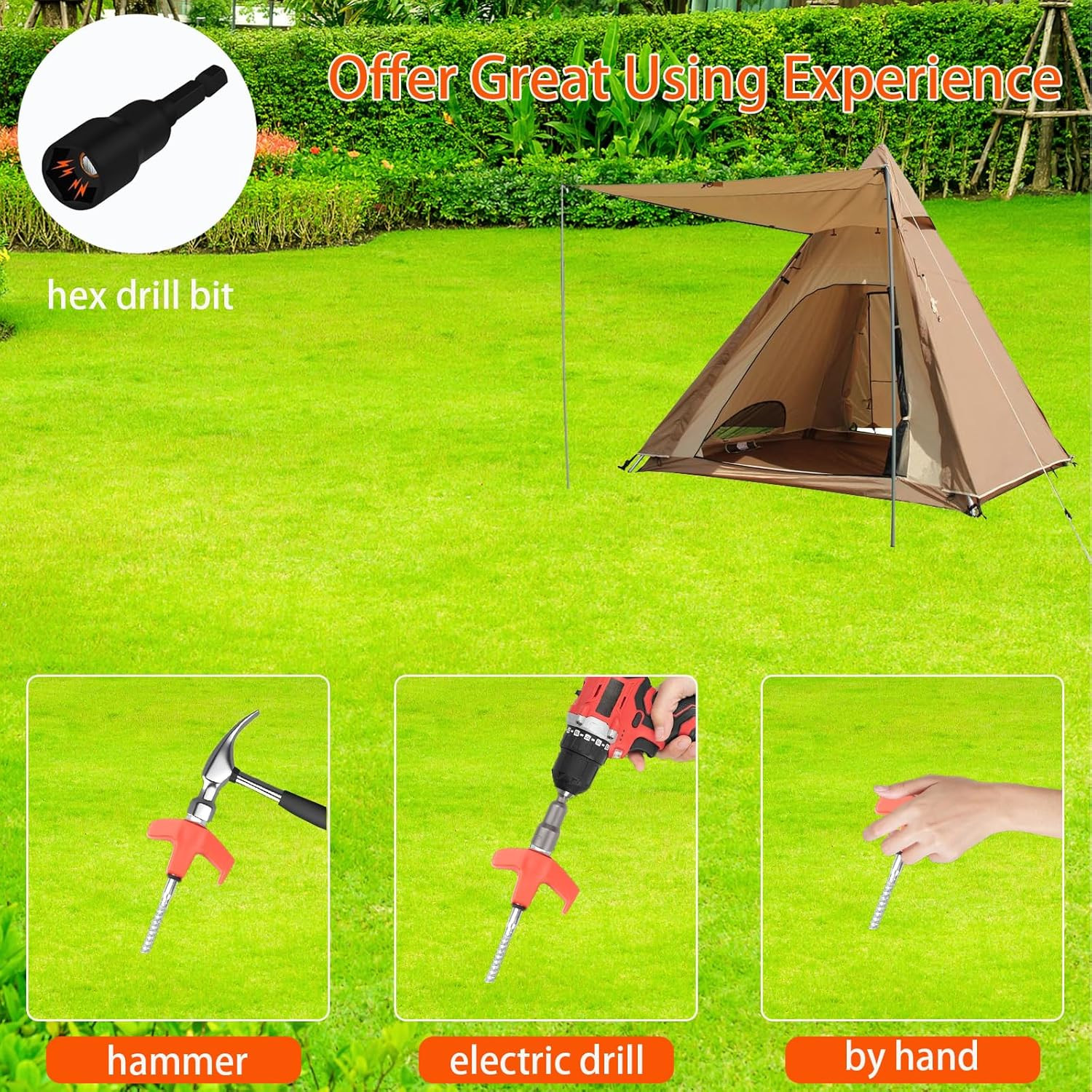 10-Pack 8" Heavy Duty Screw in Tent Stakes, Drill-In Non-Rust Ground Anchor Pegs