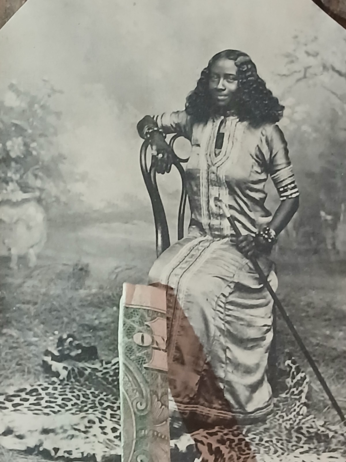 Antique African American * COLORED FEMALE * SITTING LEOPARD PRINT RUG*