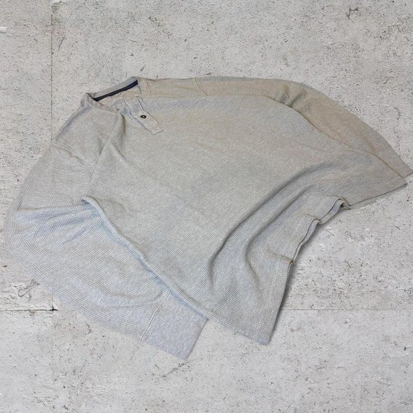 Mens vintage grey faded thermal waffle knit grunge Y2K Henley Longsleeve