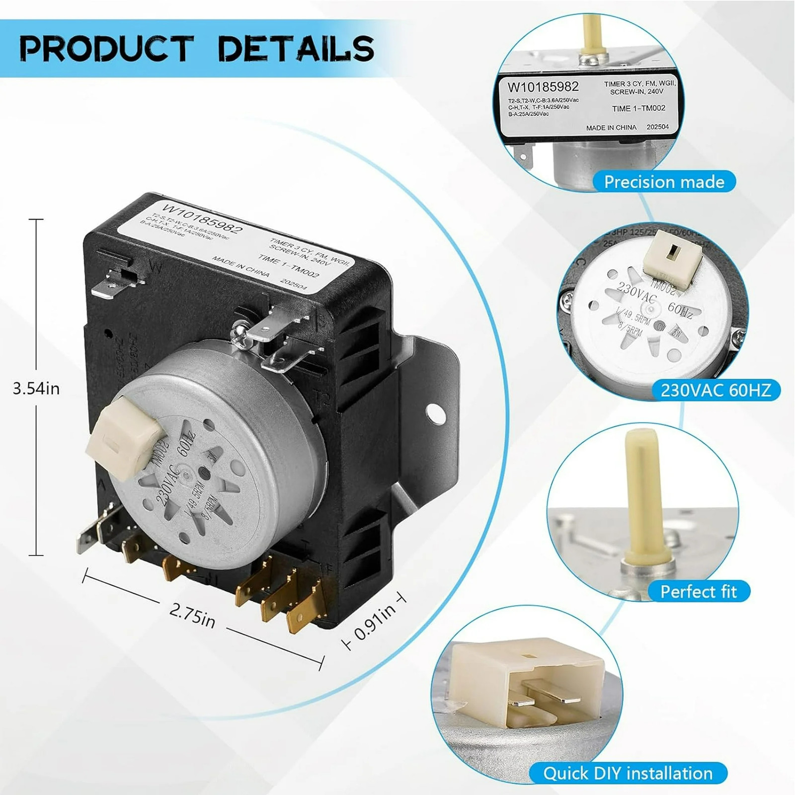 W10185982 WPW10185982 Dryer Timer for Whirlpool, Maytag WGD4800XQ0 WED4815EW1 US
