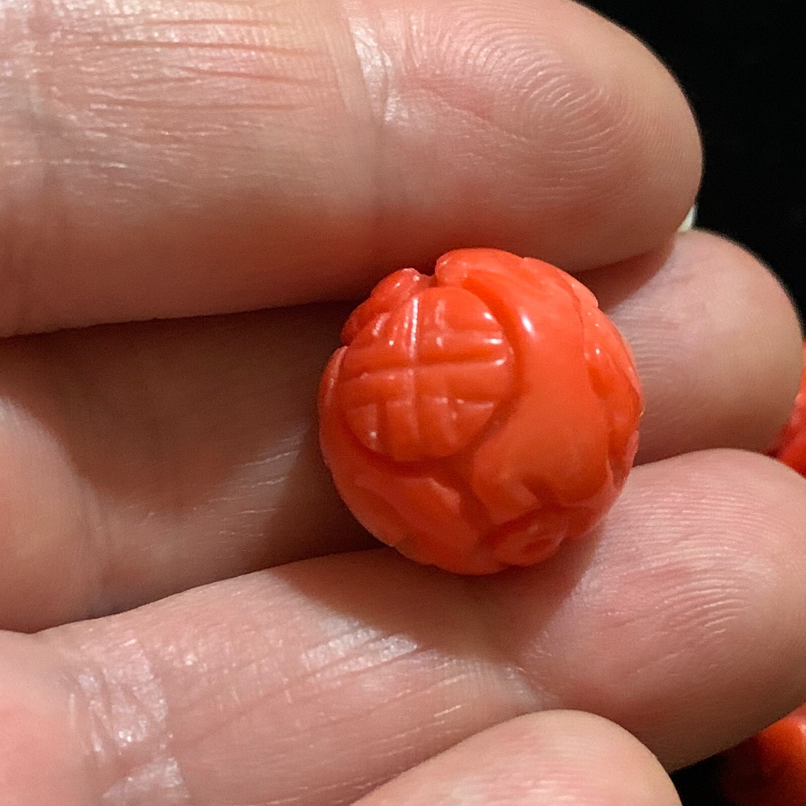 ONE Vintage Carved Chinese Bead Natural Coral Double Shou Round Detailed 15mm