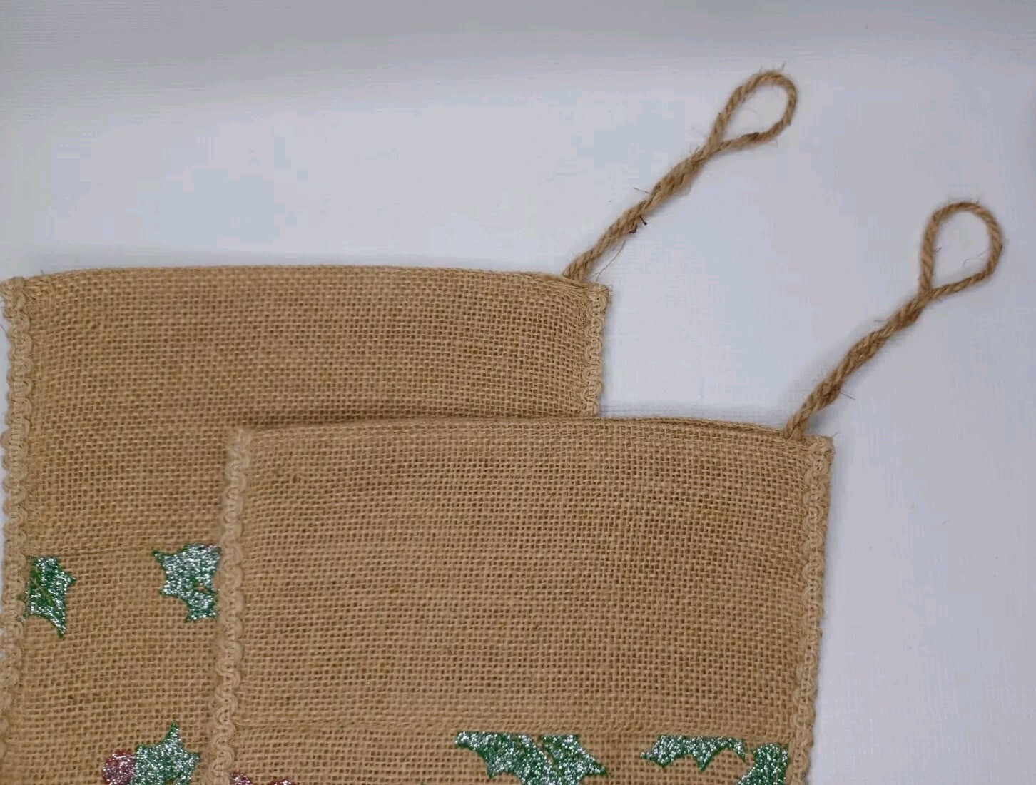 Burlap Christmas Tree Stocking Set Of Two Stockings Glitter Holly Berries Leaves