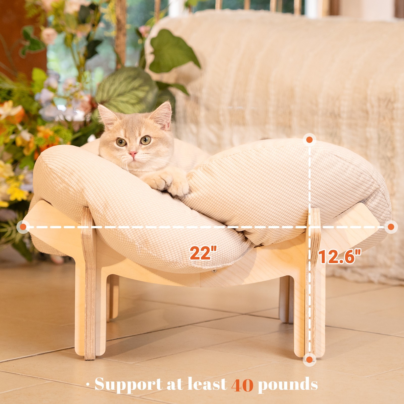 Elevated Cat Bed with Cushion, Wooden Cat Couch Sofa for Indoor