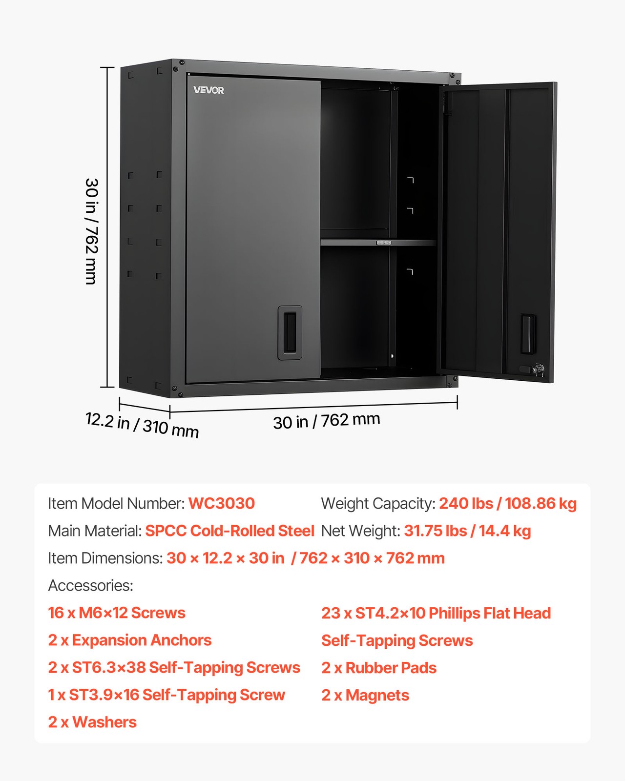 VEVOR Metal Wall Cabinet 30 inch Wall Mounted Cabinet with Adjustable Shelf